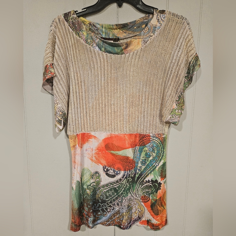 Vintage Lipstick Womens Unique Paisley Print Trim Beige Mesh Top Medium Boho